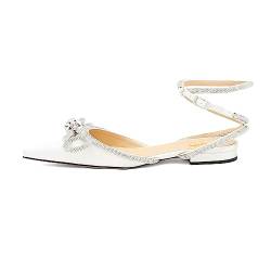 XYD D'Orsay klassische flache Sandalen mit spitzem Zehenbereich, glitzernde Strasssteine, Knöchelriemen, niedriger Absatz, Kleid Schuhe mit Reißverschluss, Weiss/opulenter Garten, 40.5 EU von XYD