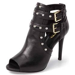 XYD Damen Peep Toe Stiefeletten High Heels Schnalle Doppelriemen Cutout Mode Pumps Club Party Schuhe, Schwarze Nieten, 43 EU von XYD