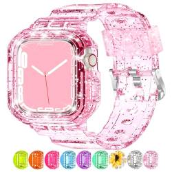XYF Kompatibel mit transparenten Apple-Watch-Armbändern 45 mm, 44 mm, 42 mm, Serie 7, SE/6, 5, 4, 3, 2, 1, mit Stoßfänger, durchsichtiges Sportarmband, Gelee, für Herren und Damen, Pink, 38/40/41 mm) von XYF
