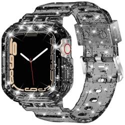 XYF Kompatibel mit transparenten Apple-Watch-Armbändern 45 mm, 44 mm, 42 mm, Serie 7, SE/6, 5, 4, 3, 2, 1, mit Stoßfänger, durchsichtiges Sportarmband, Gelee, schwarz, 42/44/45 mm) von XYF