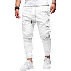 Herren Jogger Chino Hose Kordelzug Sport Athletic Workout Fitness Track Cargo Tapered Jogging Hose, 8815 - Weiß, Groß von XYGJZ