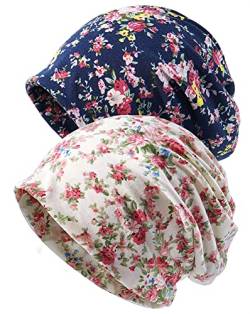 XYIYI Damen Mütze Chemo Hut Slouchy Kopfbedeckungen Kopf Wraps Krebshüte (2Stück Floral Beige Blau-Z), Einheitsgröße von XYIYI