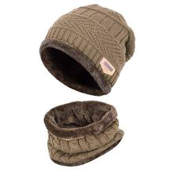 XYIYI Khaki Kinder Wintermütze und Schal Set, 2 Stück Warme Strickmütze Beanie Hut für 5-14 Jahre von XYIYI