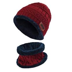 XYIYI Rot Kinder Wintermütze und Schal Set, 2 Stück Warme Strickmütze Beanie Hut für 5-14 Jahre von XYIYI