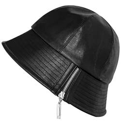 XYIYI Schwarz Damen Mode PU-Leder Fischerhut Bucket Hat Regenhut Wasserdicht von XYIYI