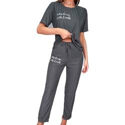 XYKrissas 2-teiliges Lounge-Set für Damen, gestreifte Buchstaben, Pyjama-Oberteile, Nachtwäsche, Sweatsuits, passend zu Langen Hosen.-M von XYKrissas