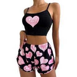 XYKrissas Heart Print Damen-Pyjama-Set, ärmelloses Oberteil und Kurze Hose, Valentinstag-Set.-L von XYKrissas