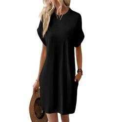 Kurzarm-Sommerkleider für Damen mit Taschen, Schlichtes, solides T-Shirt-Kleid mit Taschen (Shape-A,XXL) von XYMJT