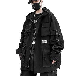 XYXIONGMAO Gothic Clothes Tactical Cyberpunk Techwear Zipper Jacket Windbreaker Hooded Streetwear Jackets for Men, Schwarz, Large von XYXIONGMAO