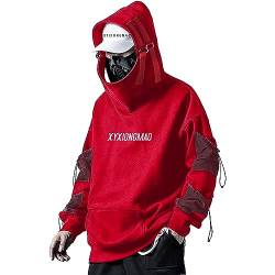 XYXIONGMAO Streetwear Techwear Hoodie Cyberpunk Tactical Herren Schwarz Urban Hip Hop Japanisches Sweatshirt, Rot/Ausflug, einfarbig (Getaway Solids), X-Large von XYXIONGMAO