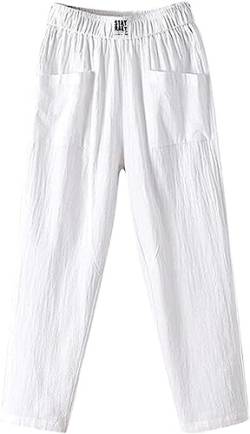 Lässige Damen-Caprihose aus Leinen mit weitem Bein, Strand-Capri for Damen, hohe Taille, Kordelzug aus Baumwollleinen (Color : White, Size : XXL) von XZEIT