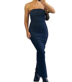 XZEIT Denim-Maxikleider for Damen, trägerlos, eng, schmal, Bandeau-Röhrenoberteil, figurbetontes Kleid, langes Denim-Kleid for Damen (Color : Dark Blue, Size : S) von XZEIT