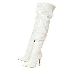 XZEIT Overknee-Stiefel kniehohe Damenstiefel PU-Oberschenkelhohe Stiefel lange Stiefel für Frauen spitzer Zehenbereich Stiletto-Absatz kniehohe Stiefel mit seitlichem Reißverschluss,Weiß,38 EU von XZEIT