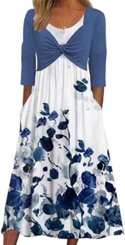 XZEIT Sommerkleider for Damen, buntes Boho-Blumen-Maxikleid, 3/4-Ärmel, lässige, lockere Strandurlaubskleider (Color : Blue, Size : 3X-Large) von XZEIT