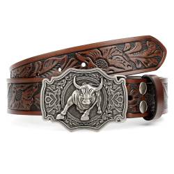 XZQTIVE Western Leder Gürtel für Herren Damen Floral graviert Cowboy Schnalle Gürtel Longhorn Stier Schnalle Taillegürtel,Braun,Passform Taillenumfang 94-104cm von XZQTIVE