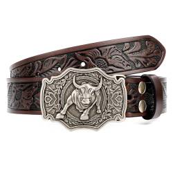 XZQTIVE Western Leder Gürtel für Herren Damen Floral graviert Cowboy Schnalle Gürtel Longhorn Stier Schnalle Taillegürtel,Kaffee,Passform Taillenumfang 124-134cm von XZQTIVE