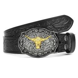 XZQTIVE Western Leder Gürtel für Herren Damen Floral graviert Cowboy Schnalle Gürtel Longhorn Stier Schnalle Taillegürtel,Schwarz,Passform Taillenumfang 94-104cm von XZQTIVE