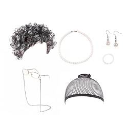 Perücke Damen Festival Zubehör Dame Perücke Oma Cosplay Perücke Dame Kostüm für Frauen Oma Perücke Mütze Brille Kette Perlenkette Ohrring Armband (7 Stück) Lace Front Wig Urlaub Must Haves (Black, One Size) von Xbemkste