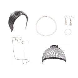 Perücke Damen Festival Zubehör Dame Perücke Oma Cosplay Perücke Dame Kostüm für Frauen Oma Perücke Mütze Brille Kette Perlenkette Ohrring Armband (7 Stück) Wig Festival Zubehör Party (Grey, One Size) von Xbemkste