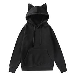 Xbemkste Hoodie Damen, Sweatjacke Damen, Sweatshirt Damen, Kapuzenpullover Damen Hoodie, Langarm Einfarbig Katzenohren Deco Pullover Sweatshirt mit Kapuze Kordelzug Oberteil mit Taschen von Xbemkste