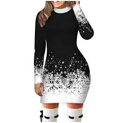 Xbemkste Weihnachtskleid Damen Strickkleid Damen Runder Schneeflockenhals Bedrucktes Weihnachtskleid mit Langen Ärmeln Knitted Dress Winterkleid Damen Kleid Weihnachten (Black, L) von Xbemkste