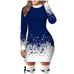 Xbemkste Weihnachtskleid Damen Strickkleid Damen Runder Schneeflockenhals Bedrucktes Weihnachtskleid mit Langen Ärmeln Knitted Dress Winterkleid Damen Kleid Weihnachten (Blue, L) von Xbemkste