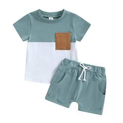 Baby Jungen Sommer Kurze Hosen Outfits Patchwork Sportanzug Kurzarm Rundhals Kontrast Farbe T-Shirt+Elastische Taille Kurzehose Jungen Loungewear Set Summer Tracksuit (Blau-A , 12-18 Months ) von Xeadoffubio