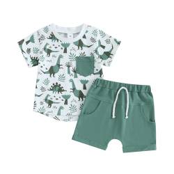 Baby Jungen Summer Outfit Cartoon Kurze Hosen Set Kurzarm Dinosaurier Print T-Shirt+Elastischer Taille Shorts Baby Jungen Gentleman Suit Anzug Weiche Dinosaurier Babyset (Grün-B , 18-24 Months ) von Xeadoffubio