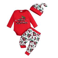 Baby Unisex Weihnachten Outfit 3 Teiliges Jumpsuit Outfits Langarm Hirsch Muster Strampler Sweatshirt+Lange Hosen+Knoten Hut Mode Weihnachten Party Kostüm Weihnachten Hosen Set (Rot-A , 3-6 Months ) von Xeadoffubio