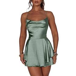 Damen Satin Romper Kleid Einfrabiger Cami Playsuits Ärmellos Spaghetti Strap O-Ausschnitt Rüschen Strampler Kleid Mini Jumpsuit Sommer Cross Tie-Up Rückenfreies Romper Kleid Clubwear (Blau Grau, M) von Xeadoffubio