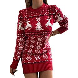 Damen Weihnachten Pulloverkleid Jacquard Gestricktes Kleid Langarm Rundhalsausschnitt Strick Pullover Weihnachtsmotiv Pulloverkleid Weihnachten Winter Loose Fit Strickkleid (Rot-A, M) von Xeadoffubio