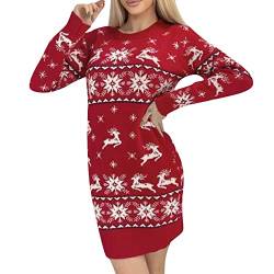 Damen Weihnachten Pulloverkleid Jacquard Gestricktes Kleid Langarm Rundhalsausschnitt Strick Pullover Weihnachtsmotiv Pulloverkleid Weihnachten Winter Loose Fit Strickkleid (Rot-E, L) von Xeadoffubio