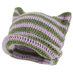 XehCaol Y2k Cat Beanie,Lustige Mütze Mit Ohren Katzenohren Strickmützen Knitted Hat Cat Ears Teufel hörner Mädchen Y2k Grunge Accessoires (Purple) von XehCaol