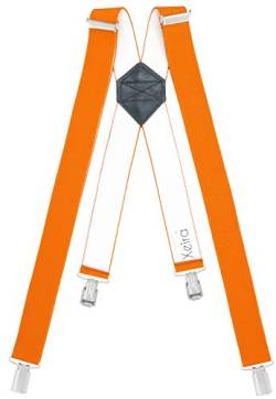 Xeira Hosenträger Orange Standard Länge X Design für Herren und Damen mit 4 soliden Clips und Schwarzen Leder von Xeira