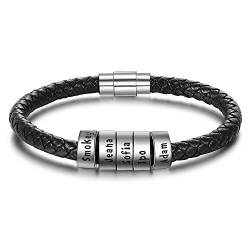 XiXi Armband Herren Personalisierte Silber Lederarmband Gravur 5 Namen Geflochten Leder Männer Armbänder Damen Armreif Manschette Freundschaft Familie Geschenk für Geburtstag von XiXi