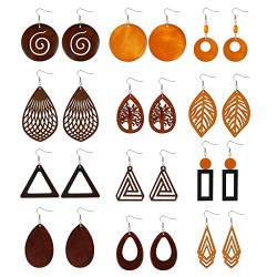 XiYee 12 Paare Holz Ohrringe für Damen Ethnische Afrikanische Ohrringe Hänger Baumelnde Ohrringe 316L Edelstahl Haken Böhmen Ohrringe Vintage Schmuck von XiYee