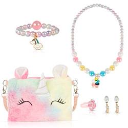XiYee Kinder Schmuck Set, Handtaschen Mädchen Schmuck, Unicorn Kette Halskette Armband Ohrringe Ring für Kleine Mädchen Rollenspiel Geschenk (A) von XiYee