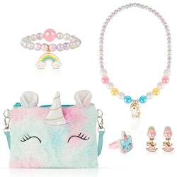 XiYee Kinder Schmuck Set, Handtaschen Mädchen Schmuck, Unicorn Kette Halskette Armband Ohrringe Ring für Kleine Mädchen Rollenspiel Geschenk (B) von XiYee