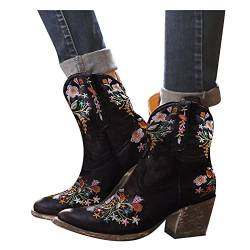 Xiangdanful Bestickte Stiefel Damen Bestickte Hohe Stiefel Damen Spitz Dicke Fersenstiefel Künstliche Pu Cowboystiefel Stiefeletten Freizeitschuhe Schlupfstiefel Sockenstiefel von Xiangdanful