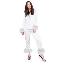 Xiangdanful Damen Pyjama Set, Satin Schlafanzug Set, Knopfleiste Einfarbig Langarm Nachtwäsche Pyjamas Set Zweiteiliger, Ärmel mit Plüschbesatz Hausanzug Loungewear für alle Jahreszeiten von Xiangdanful