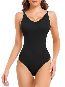 Xibing Shapewear für Damen, Bauchkontrolle, nahtloser Tanga-Body, V-Ausschnitt, verstellbares Tanktop, Schwarz, M-L von Xibing