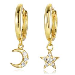 Mond und Stern Creolen Hoop aus echtem 925 Sterling Silber Ohrringe in silber oder gold farbend für Damen und Mädchen (gold) von XieXie
