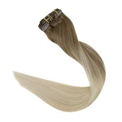 Haarverlängerungen Clip-in-Haarverlängerungen, Balayage Ombre-Braun bis Schmutzblond, 120 g, Clip-in-Haarverlängerungen mit doppeltem Schuss, echtes Echthaar, glattes Remy-Haar, Clip-in-Haarverlängeru von Xilin-872