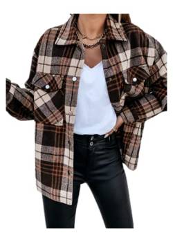 Damen Karierte Jacke Knöpfe Oversized Übergangsjacke Kurz Overshirt mit Karomuster Herbst und Winter locker lässige Retro Karierte Langarm-Hemdjacke DamenTop (Braun, XL) von XinCDD