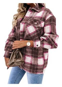 Damen Karierte Jacke Knöpfe Oversized Übergangsjacke Kurz Overshirt mit Karomuster Herbst und Winter locker lässige Retro Karierte Langarm-Hemdjacke DamenTop (Rosa, XL) von XinCDD