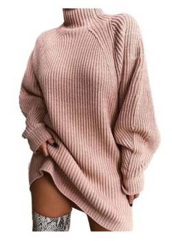 Damen Strickkleid Rollkragen Pulloverkleid Langarm Lockeres lässiges Pulloverkleid Pullikleid Winterkleid (M, Pink) von XinCDD