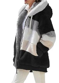 XinCDD Damen Fleecejacke Flauschjacke Plüschjacke Kunstpelzjacke Kapuzenjacke Strickjacke Faux Fur Pelzmantel Reißverschluss Fleece Mantel mit kapuze (Schwarz, 2XL) von XinCDD