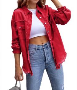 XinCDD Damen Jeansjacke Frayed Saum Langarm Distressed Denim Leichte Herbst Jacken (M, Rot) von XinCDD