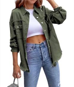 XinCDD Damen Jeansjacke Frayed Saum Langarm Distressed Denim Leichte Herbst Jacken (S, Military Green) von XinCDD