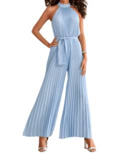 XinCDD Damen Jumpsuit Falten-Neckholder elegant Overall lang Hosenanzug Sommer Hose Mit Weitem Bein Playsuit einfarbig Romper (as3, alpha, x_l, Hellblau, XL) von XinCDD